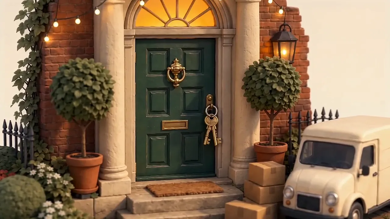 A green Georgian front door under a glowing fanlight, with keys in the lock, moving boxes and a cream removal van