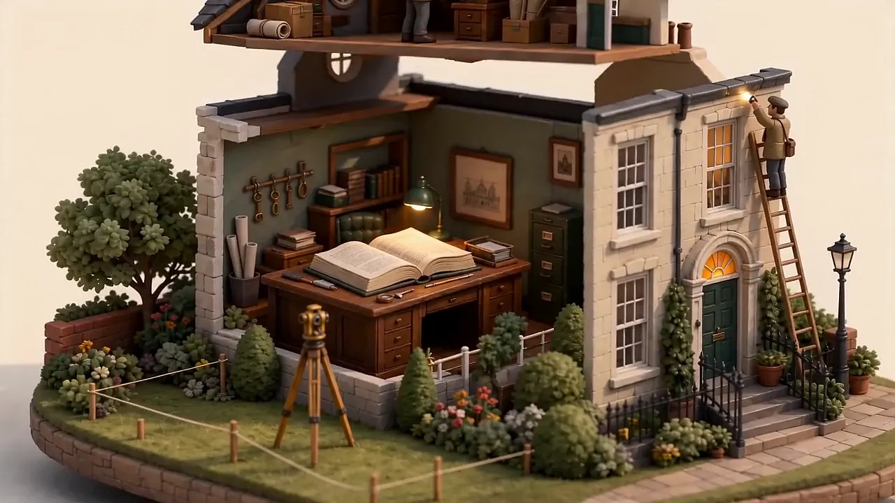 A cutaway Georgian townhouse where surveyors inspect the roof and a giant open book lies on the study desk