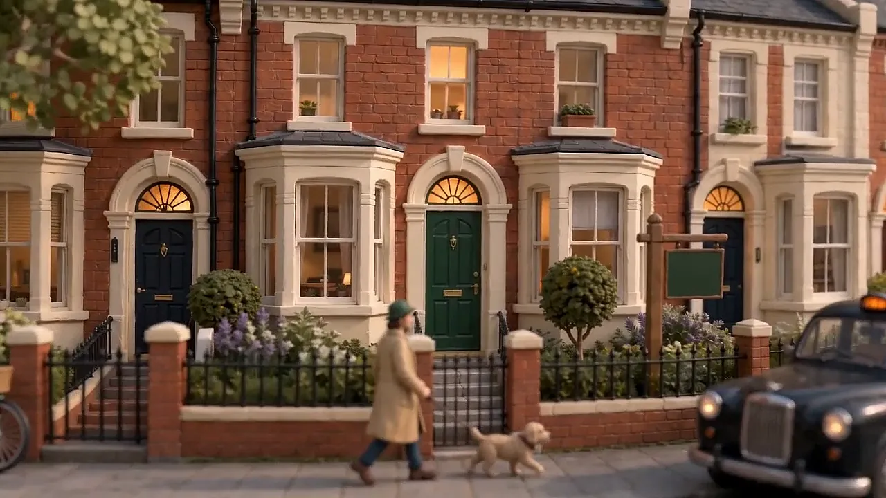 A clay miniature of a curved Victorian terrace with a green front door under a glowing fanlight