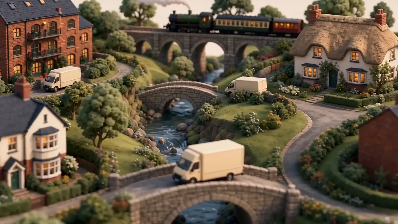 A miniature countryside of four homes linked by lanes and stone bridges, with removal vans crossing between them