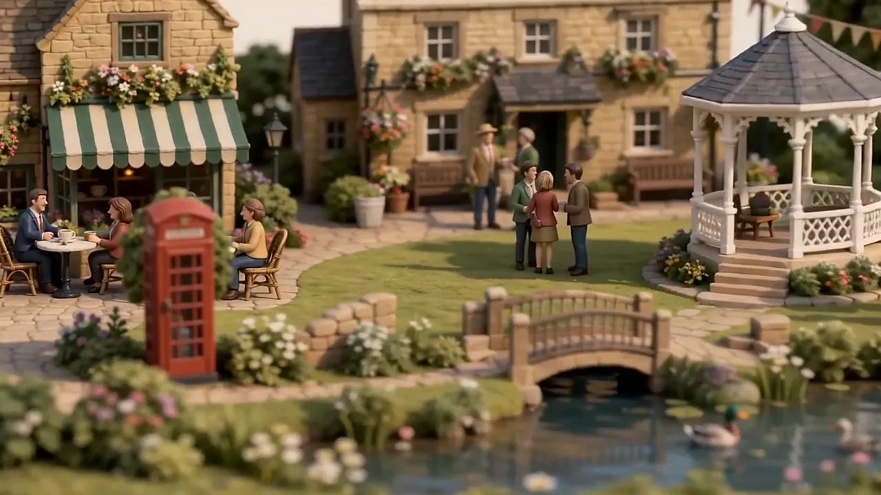 A Cotswold-stone village green with a café, a bandstand, a duck pond and neighbours chatting