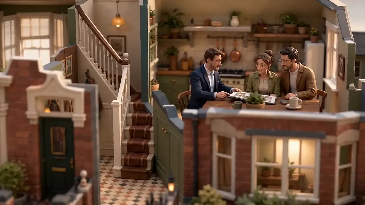 A dollhouse cutaway of a red-brick terraced house where an agent and a young couple read a folder at the kitchen table