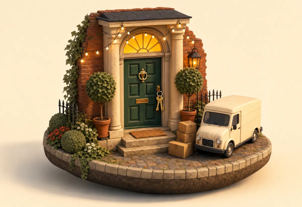 Clay miniature of a green Georgian front door with keys in the lock and a removal van outside