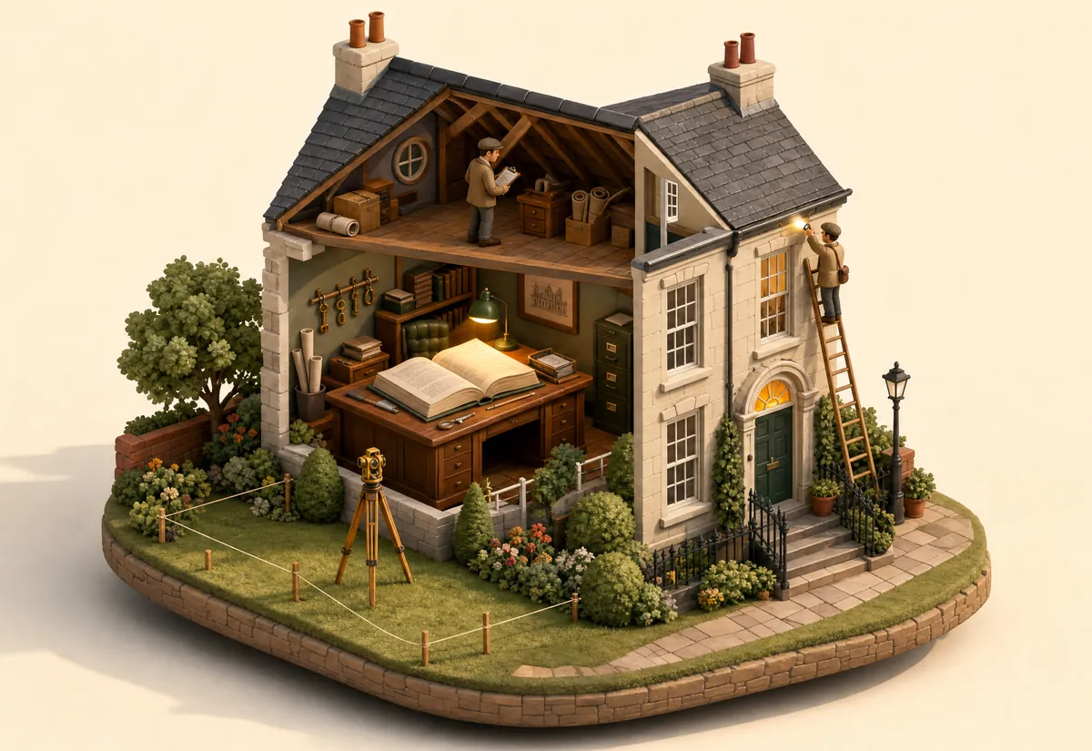 Clay miniature of a Georgian townhouse with surveyors at work and a giant open book on the study desk