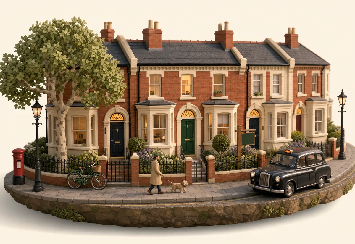 Clay miniature of a curved Victorian terrace with glowing fanlights above the front doors