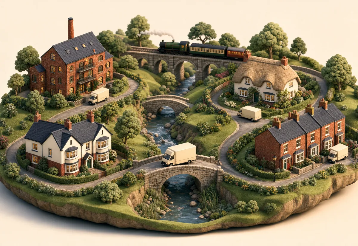 Clay miniature countryside of four homes linked by lanes, bridges and removal vans