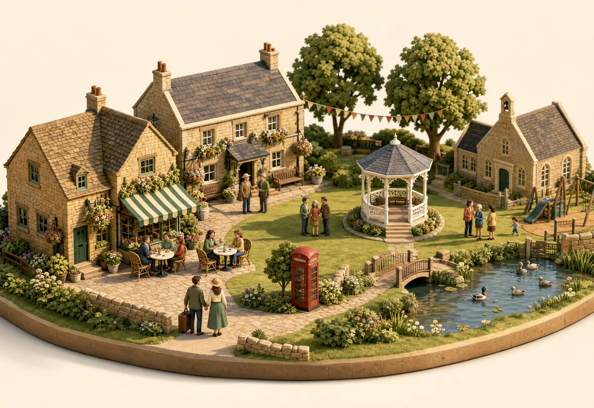 Clay miniature of a village green with a café, bandstand and neighbours chatting
