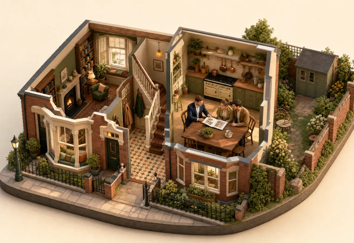 Clay miniature cutaway of a terraced house with a couple reading a folder at the kitchen table
